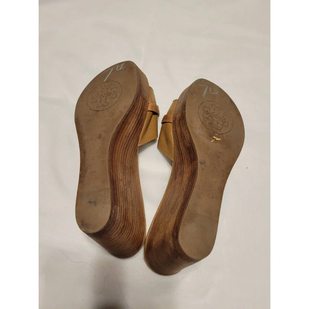 Tory Burch Women's Brown Leather Logo Wedge Slide Slip-On Sandals Size 7.5